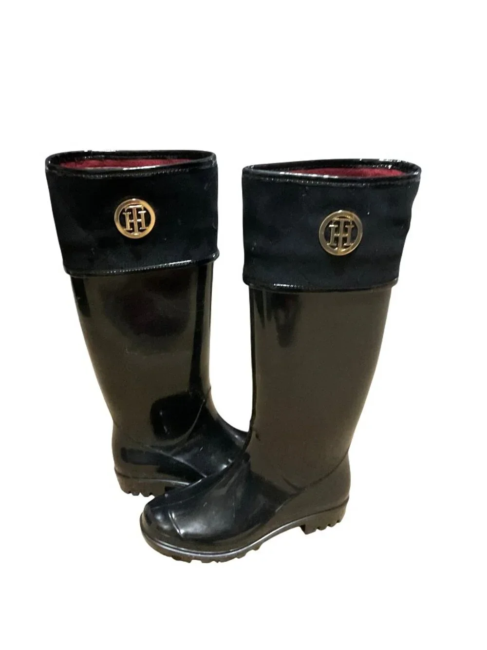 Tommy Hilfiger Shiner Black Knee High Rain Boots w/ Box Sz 6 Tall Riding Style